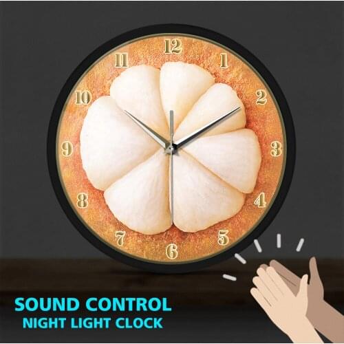 Sliced Mangosteen Exotic Fruit Metal Frame LED Wall Clock Sound Control Fresh Fruit Store Wall Decor Watch Tropical Botanical