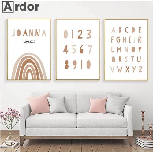 Baby Name Custom Rainbow Wall Art Poster Abstract Brown Arabic Numeral Canvas Painting Alphabet Art Print Nordic Kids Room Decor