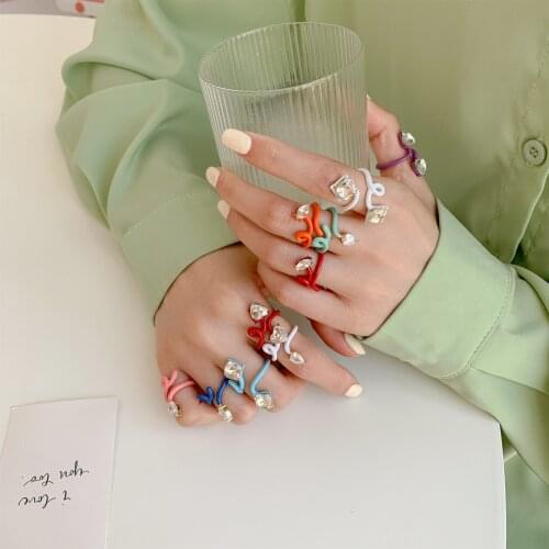 Punk Heart Square Water Drop Rhinestone Crystal Enamel Band Twist Finger Rings Open Adjusted Wrap Wire Band Finger Women Rings