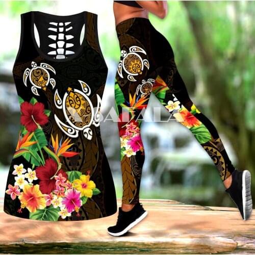 Pohnpei Polynesian Tattoo Turtle Two Piece Yoga Set Women 3D Print Hollow Out Tank Top High Waist Legging Summer Casual Sport-6