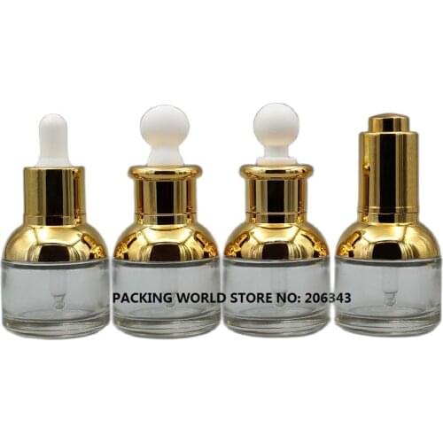 30ml transparent glass dropper bottle with gold shoulder and gold collar white bulb for oil/serum/essence/liquid dropper bottle