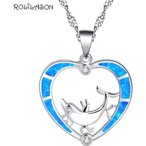 ROLILASON heart-shaped dolphin stunning silver stamped blue opal necklace pendant charming party gift OP824