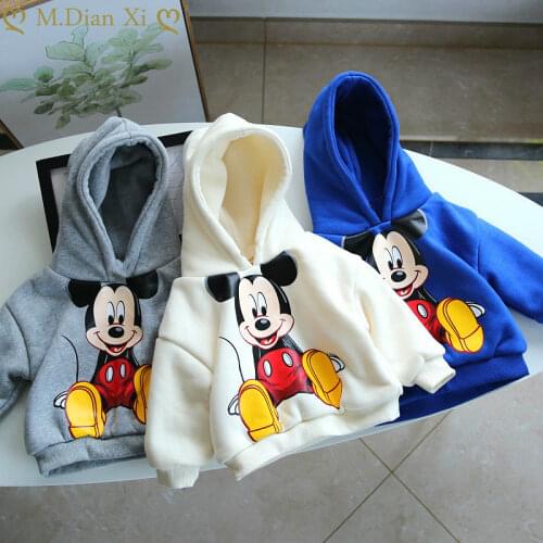 Cartoon Mickey Childrens Hooded Sweatshirt Fall Winter Plus Fleece Boys and Girls Warm Jacket Childrens Tops Baby Base