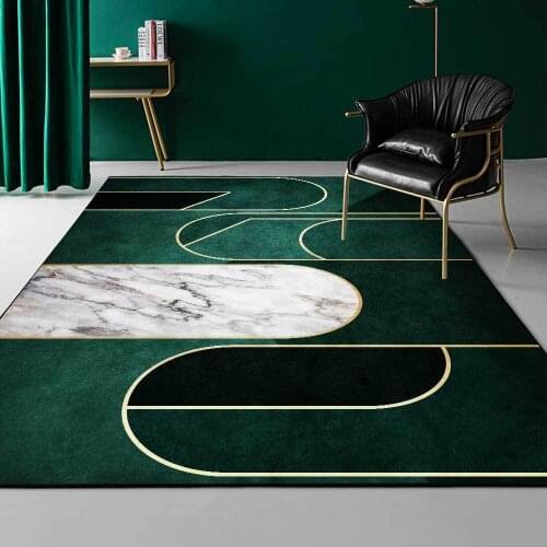 Modern Green Geometric Gold Line White Marble Mosaic Living Room Bedroom Bedside Carpet Floor Mat