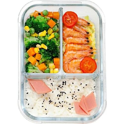 1040ml Glass Lunch Box with 3 Compartments Microwavable Meal Prepping Glass Food Storage Container-Snap Locking Random Color Lid