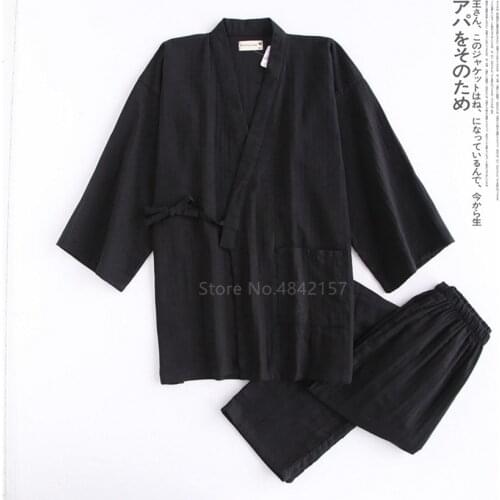 Traditional Japanese Men Kimono Yukata Cotton Leisure Home Bathrobe Men Casual Solid Pajamas Sleepwear Samurai Clothing Set