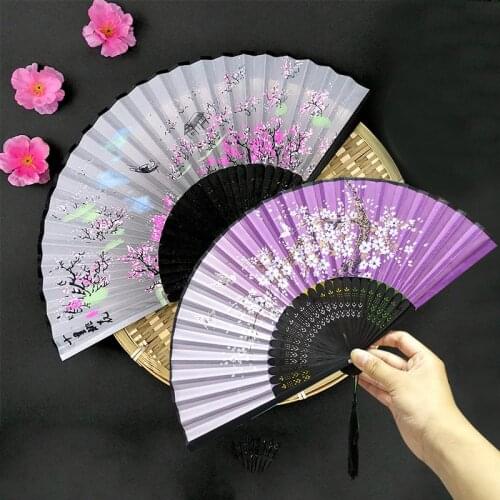 Vintage Style Silk Folding Fan Chinese Japanese Pattern Art Craft Gift Dance Hand Fan Home Decoration Ornaments Bamboo Fan
