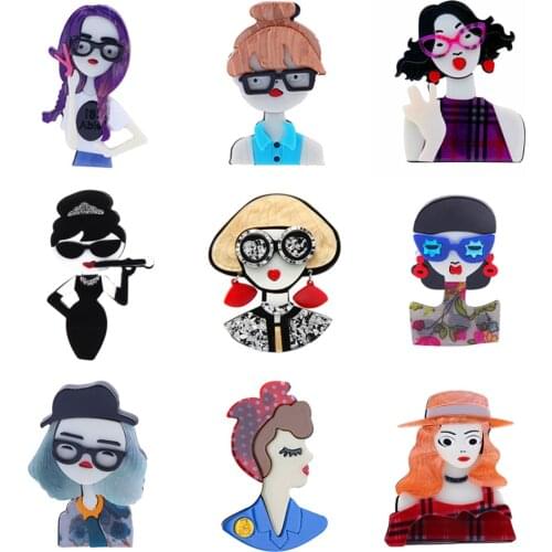 New Fashion Acrylic Lady Girls Figure Brooches Pins For Women Exaggerated Cartoon Cute Backpack Badges Lapel Brooch Jewelry
