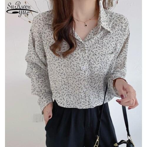 2021 Autumn New Vintage Loose Womens Shirts Printed Long Sleeve Chiffon Blouse Korean Fashion Chic Floral Ladies Tops 11138