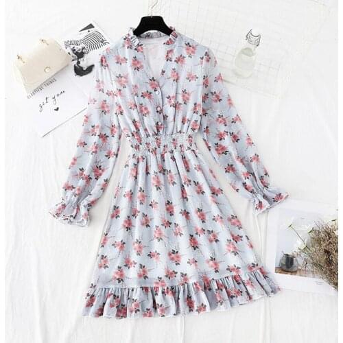 Women Dresses Summer 2021 Sexy V Neck Floral Print Boho Chiffon Beach Dress Ruffle Long Sleeve Mini Dress Elegant Vestidos