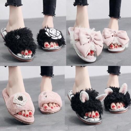 Pearl beading fur slippers women handmade flower curly hair slides ladies cute ear furry flip flops big bow pantoufle femme 611