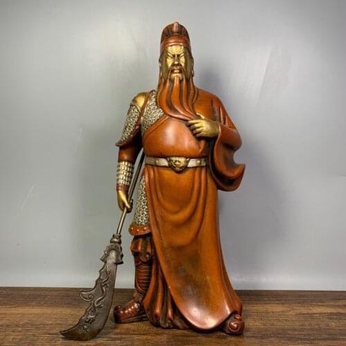 12" Tibet Buddhism Old Bronze Gilt Real gold Guan Gong statue Door god Take Guan Gong Knife Incarnation of Loyalty Town House