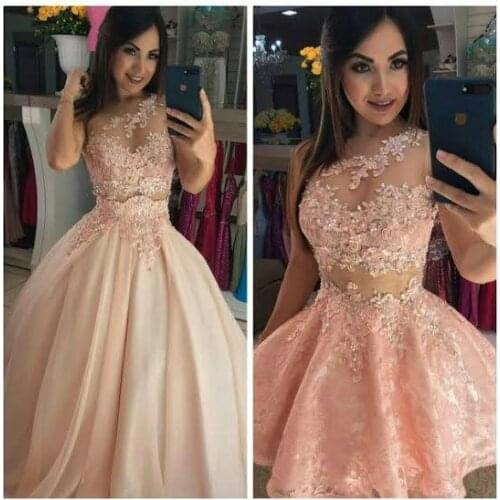 Verngo Blush Pink Lace Applique Two Pieces Prom Dresses 2 in 1 One Shoulder Pealrs Beads Short Party Gowns Quinceanera Dresss