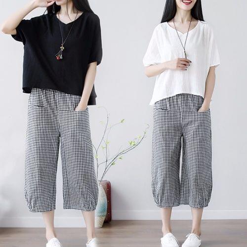 2021 Summer Cotton Two Piece Sets Outfits Women Plus Size Solid Blouses and Plaid Pants Suits Elegant Casual 2 Piece Sets L440