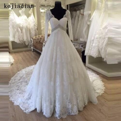 White Lace a line Wedding Dresses 2021 V-Neck long Sleeve Wedding Gown Bride Dress long Vestido de noiva Robe de mariage