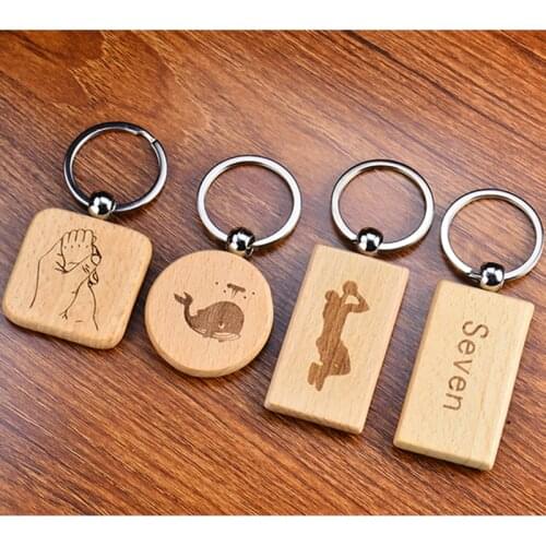 Custom Logo Natural Wooden Key Ring Keychain Round Square Rectangle Anti Lost Key Ring