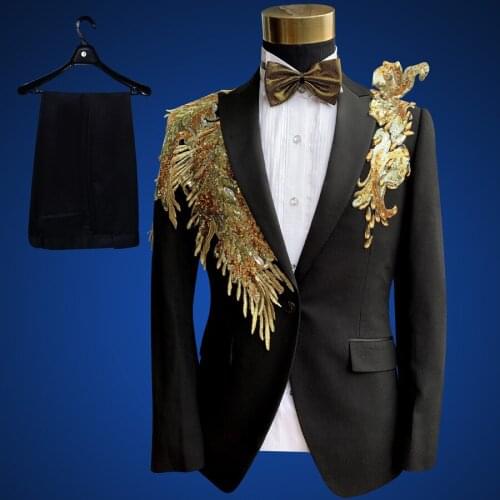 Black gold Paillette Party Event DJ Stage Costume Homme Slim Suit Plus size