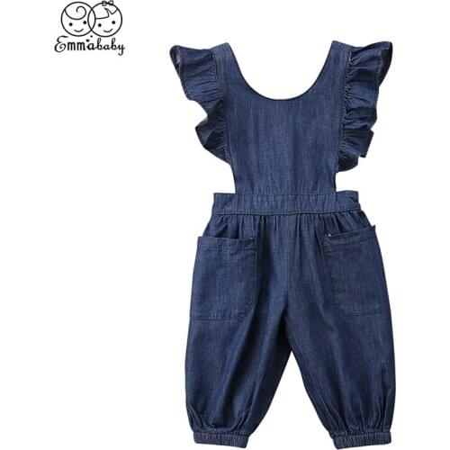 Fashion Toddler Kids Girls Denim Romper Ruffles Sleeve Back Cross Jean Jumpsuit Pant Outfits Children Clothes 1-6Y