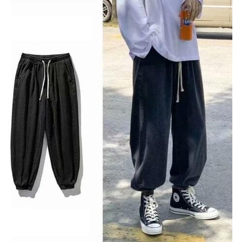Jeans Mens Hip Hop Cargo Pants Loose Tappered Harem Pants Mens Black Jeans Oversized Denim Jeans Korean Ankle Banded Jeans