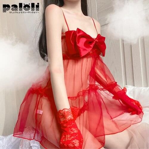 French Suspender Sleepwear Sexy Imitate Silk Nightie Fairy Sweet Big Bow Lace Black and Red Night Dress Womens Home Clothes New