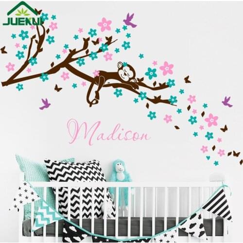 Personalize Baby Name Wall Decal Cherry Blossom Branch Wall Sticker Dream Monkey Flower Tree Branches Wall Art Vinyl Murals J87