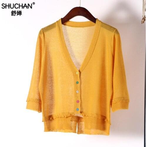 Shuchan Casual V-neck Cardigan Feminino Linen Button Sweater Women Colorful Single Breasted 3/4 Sleeve Summer Thin Cardigans Top