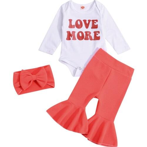 Baby Girls Clothes Set, Letter Print Long Sleeve O-neck Romper+Solid Color Flared Trousers+Headband
