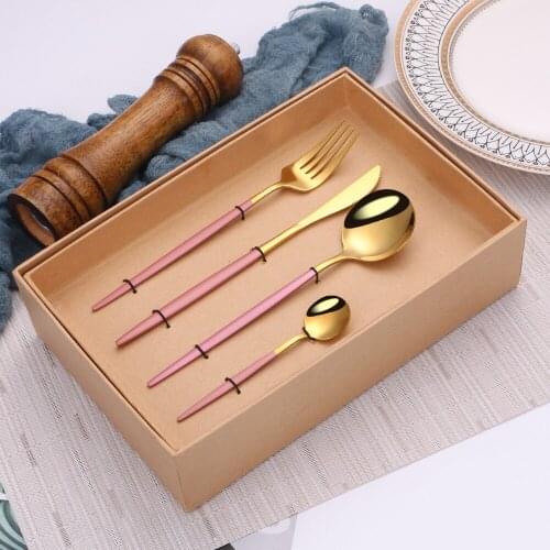 Cutlery Set Stainless Steel Tableware 16 Piece Pink Golden Cutlery for Birthday Gift Forks Knives Spoons Gift Package Flatware