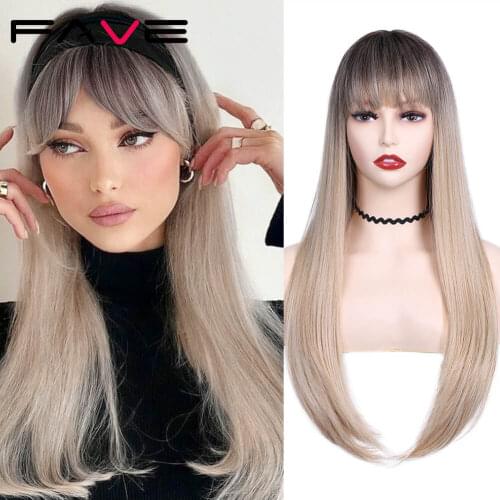FAVE Long Straight Wig Synthetic With Bangs Blonde Brown Orange Color Heat Resistant Fiber Daily Party For Black White Women