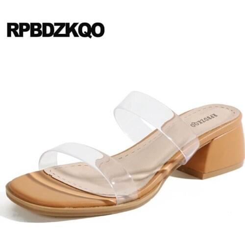 Plastic Thick Designer Pvc Rubber Women Clear Strap Heels Runway Slides Pumps Shoes Square Sandals Transparent Chunky Slippers