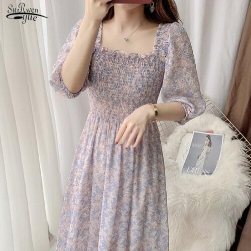 Puff Sleeve Summer Print Dress Women Square Collar Midi Chiffon Dress Plus Size A-Line Korean Evening Party Floral Dresses 15228