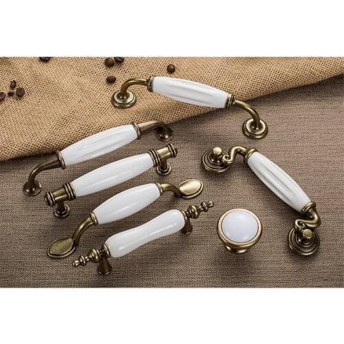 Antique Bronze White Ceramic Cabinet Handles Zinc Alloy Drawer knobs Wardrobe Door Handle Simple European Furniture Hardware