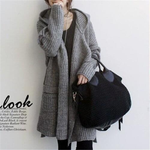 Pregnant Woman Woolen Knitted Jacket Coat Women Autumn Winter Knitting Warm Thick Long Coat Female Lady Casual Hooded Overcoat