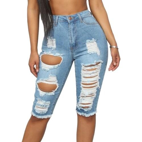 Sexy Ripped Hole Knee Length Baggy Denim Shorts Women High Waist Slim Tassel Tight Short Jeans Summer Washed Shorts Streetwear