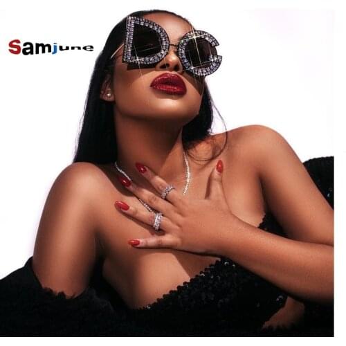 Samjune Mens Fashion Oversized Brand New Diamond Sunglasses Letter Rhinestone Shades Glasses Pink Yellow Lens 5 Colors