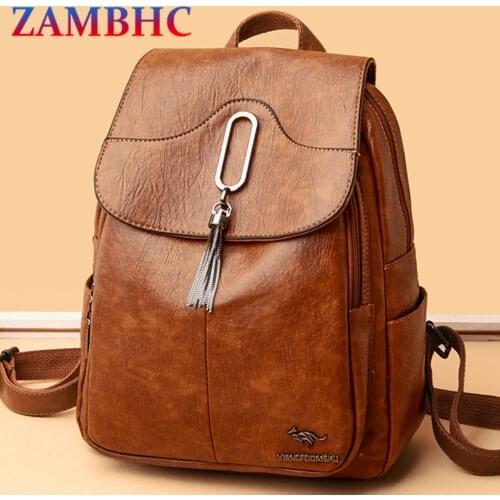 Retro High Quality Womens Backpack Designer Soft Leather Backpacks for School Teenagers Girls 2021 Fashion Tassel Lady Mochila