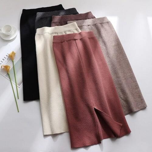 WWENN Womens Knitted Straight Skirts Solid Basic Ladies High Waist Knee-length Skirt Streetwear 2021 Autumn Winter New