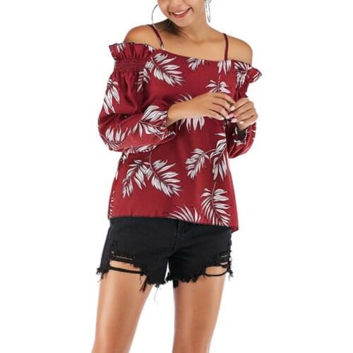 Women Blouse Leaf Print Shoulder Sling Chiffon Shirt Long Sleeve Slash Neck Blouse Girl Off Shoulder Yellow Green Ladies Tops