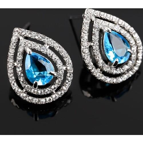 Classic Women Waterdrop Stud Earrings Hollow Blue Crystal Stone Zircon Earrings for Female Wedding Party Fashion Jewelry Gift