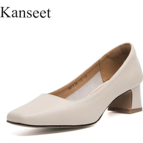 Kanseet New Women Shoes 2021 Summer Autumn Square Toe Genuine Leather Concise Beige Apricot Handmade Shallow 4cm Mid Heels Pumps
