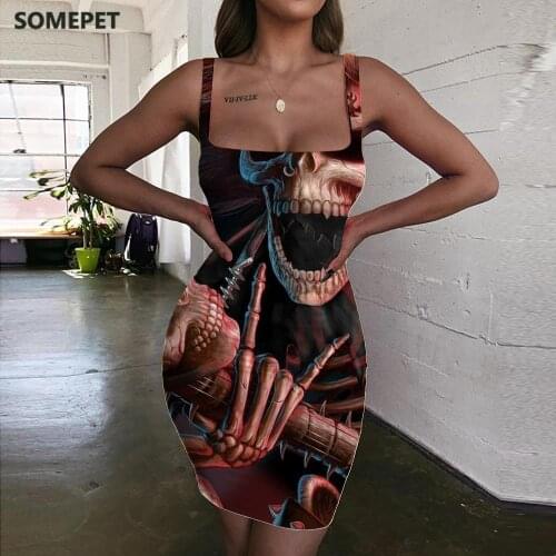 SOMEPET Skull Dress Women Skeleton Halter Sleeveless Hip Hop Sundress Punk 3d Print Rock Ladies Dresses Womens Clothing Party