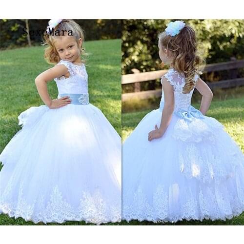 White Lace Applique Flower Girl Dress for Wedding Little Princess Christmas Dress Ball Gown First Communion Dress
