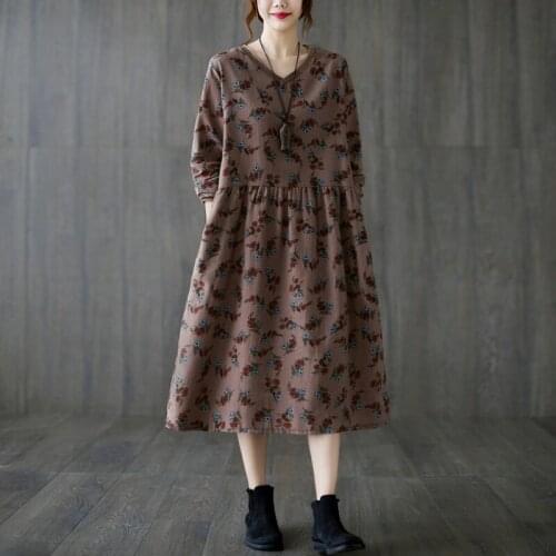 Women Cotton Linen Casual Dress New Arrival 2021 Autumn Vintage Style V-neck Print Loose Female A-line Long Dresses B1097