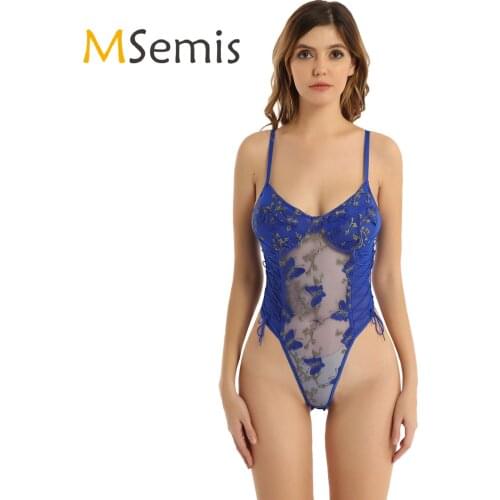 Womens Lingerie See-through Mesh Bodysuit Floral Butterfly Embroidery Backless Bodysuits Lace-up Sheer Leotard Jumpsuit