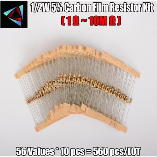 1/2W 0.5W 5% 1-10M ohm 560pcs 56 Values Each 10Pcs Carbon Film Resistors Assorted Assortment Kit