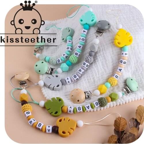 Kissteether 1pcs Food Grade Silicone Beads Teether Nursing Pacifier Clip Holder Chain Banana Leaf Nipple Holder for Infant