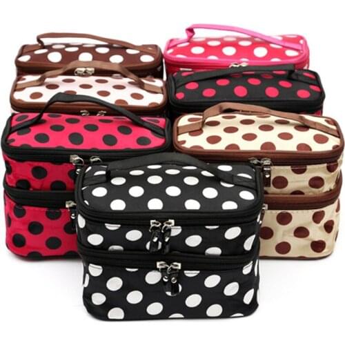 2021 Hot Sale Travel Polka Dot Double Layers Big Toiletry Organizer Storage Makeup Bag CaseWoman Cosmetic Bag