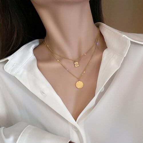 316L Stainless Steel New Fashion Fine Jewelry 2 Layer Geometric Shape Good Luck Charms Chain Choker Necklaces Pendants For Women