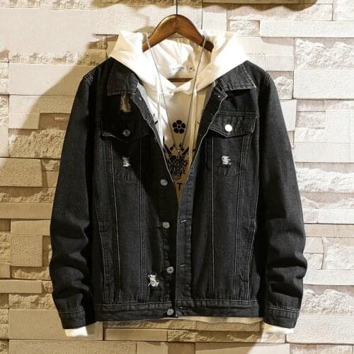 Denim jacket mens jacket dark black casual teen denim jacket lapel long sleeve denim bomber jacket men