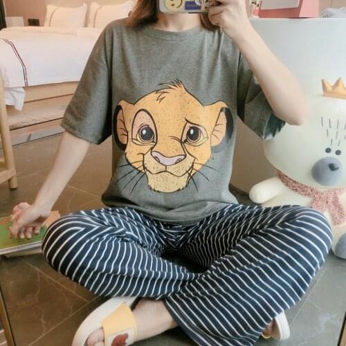 Disney Anime Simba M-2XL Plus Size Summer Pajama Sets Women Short Sleeve Top and Striped Pants The Lion King Home Suit for Women